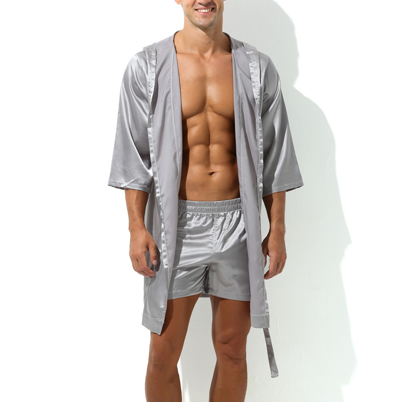 MenSexyWear Peignoir effet satiné Long Slit Gris